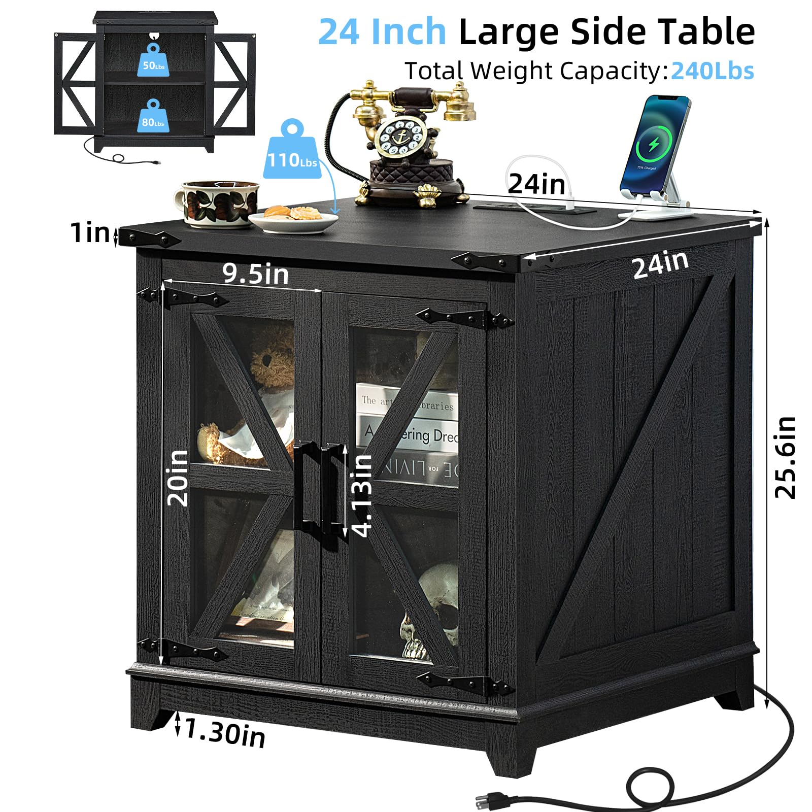 Black 24-inch farmhouse side table with glass doors and flat black tabletop