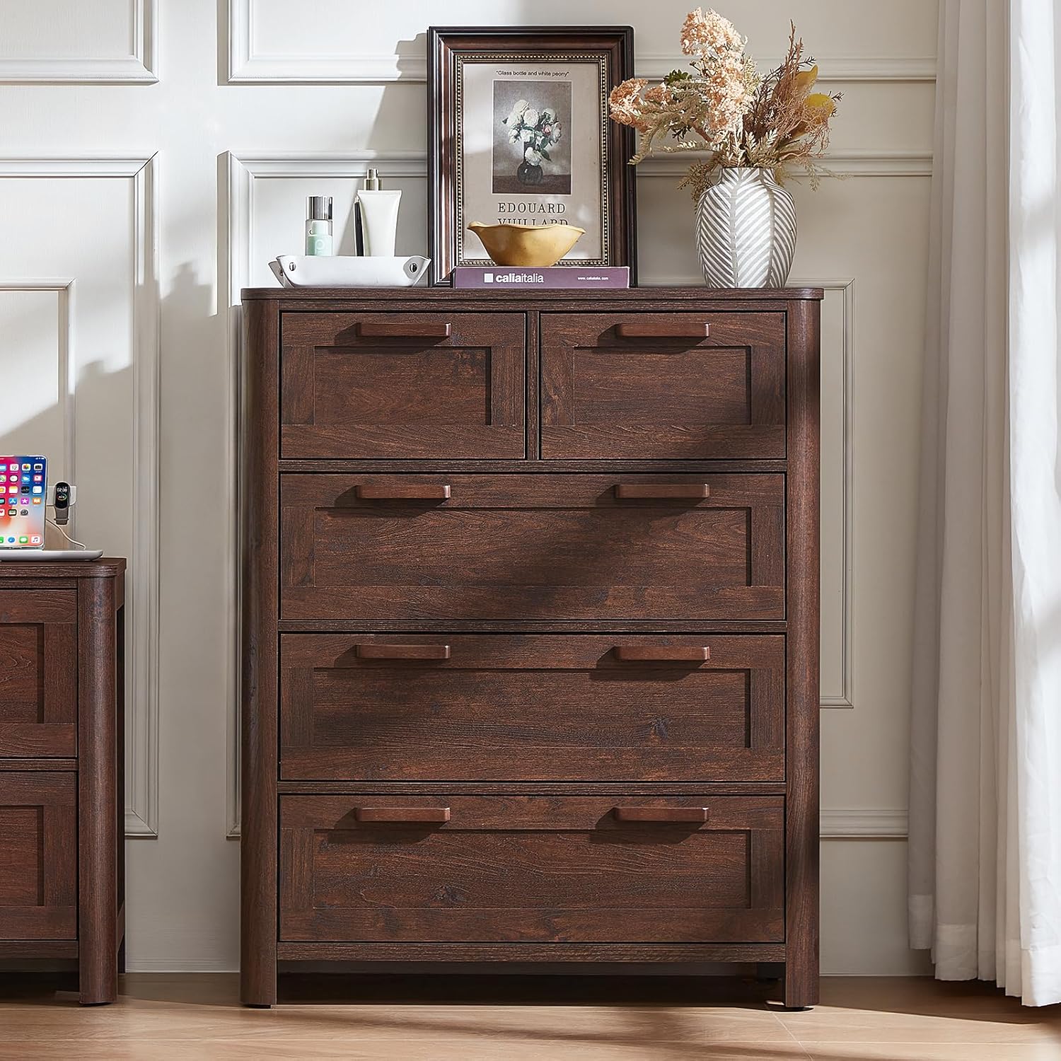 Walnut farmhouse 5-drawer dresser with two top drawers and three deep drawers