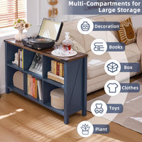 Dark blue console bookcase with open cubby shelves and solid legs for storage