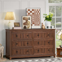 Dark wood 6-drawer dresser with black knobs and paneled drawer fronts