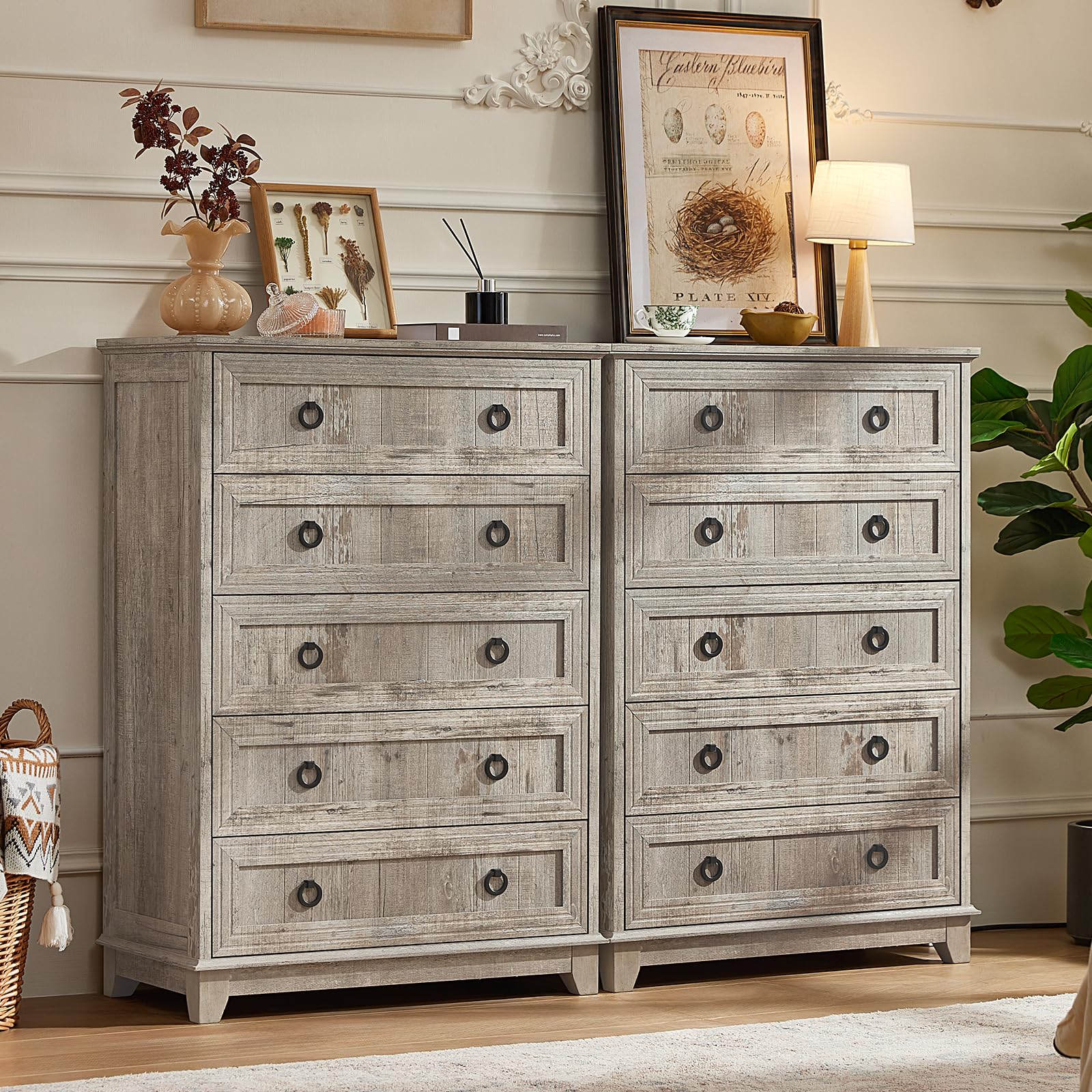 Farmhouse 5-drawer dresser with metal ring pulls, weathered gray wood finish