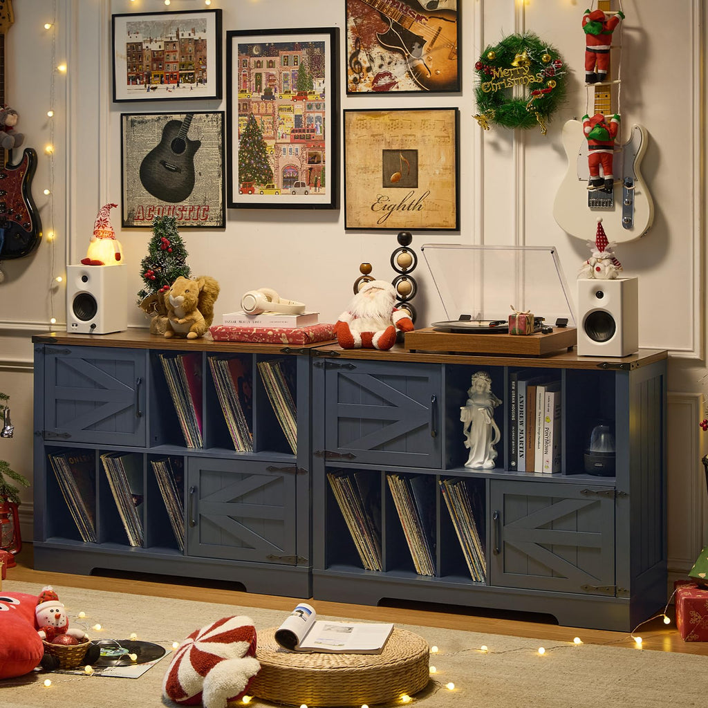 Navy blue record player cabinet with multiple shelves and barn-style cabinet doors