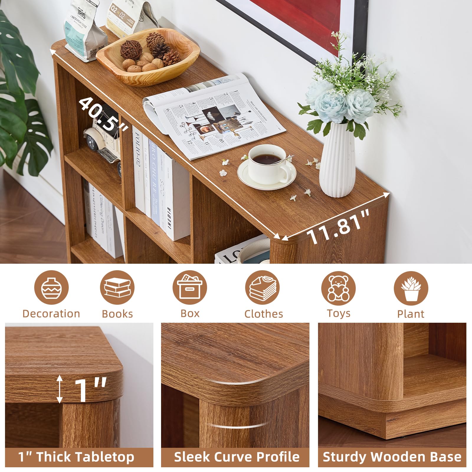 Natural oak low cube bookcase with curved profile and thick tabletop