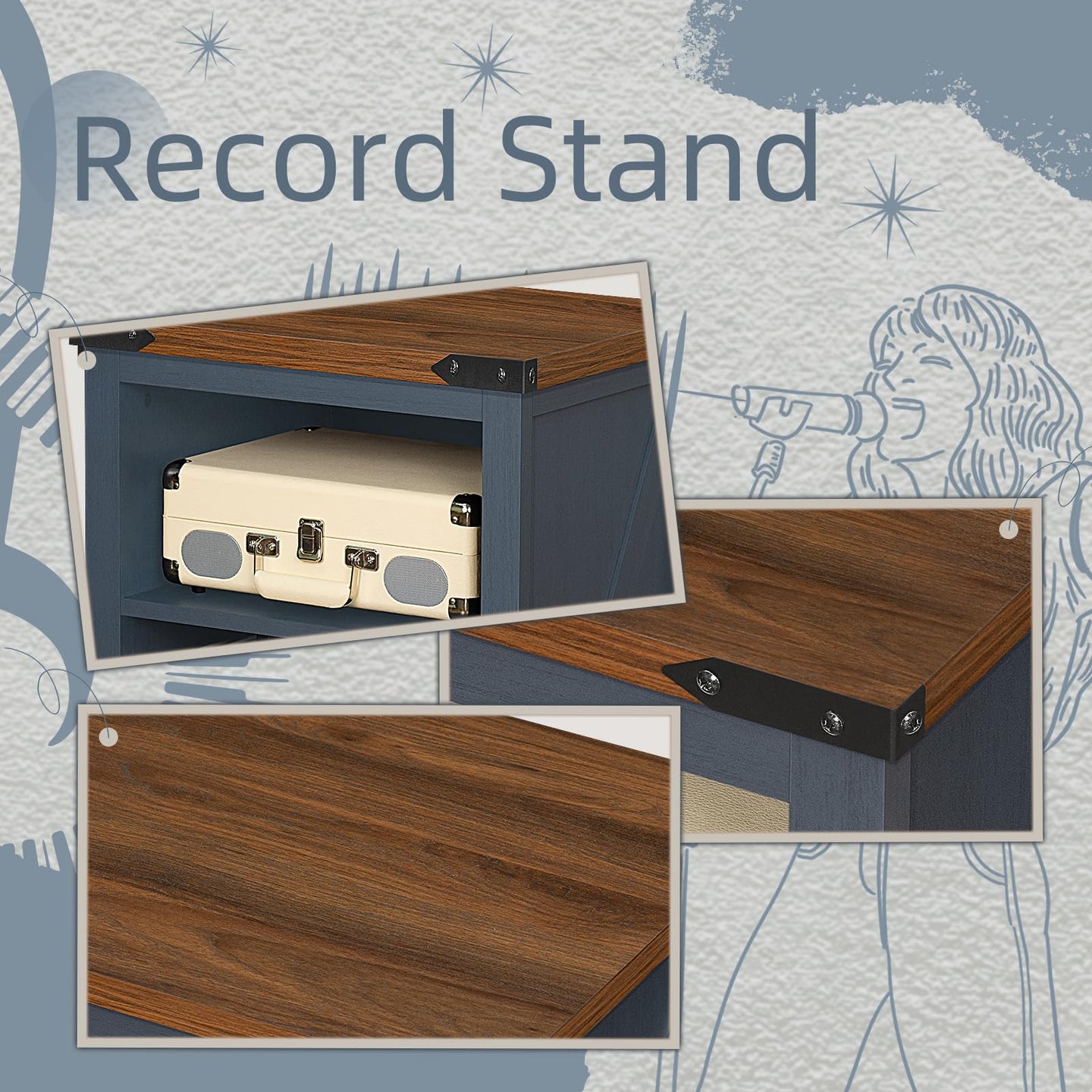 Brown record player stand with open cabinet and top turntable compartment