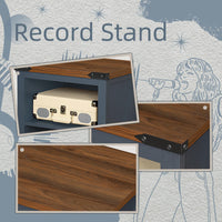 Brown record player stand with open cabinet and top turntable compartment