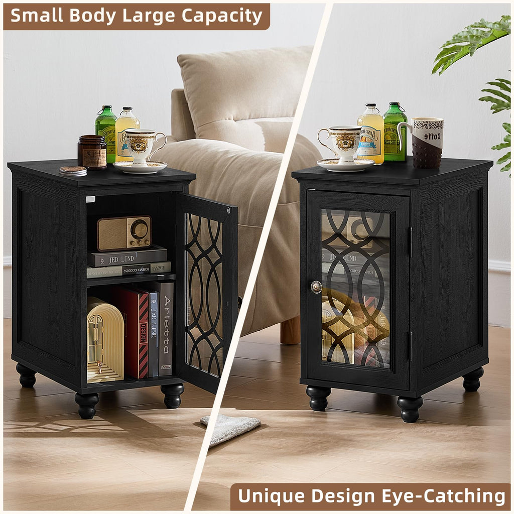 Black narrow nightstand with glass door and open cabinet shelf storage