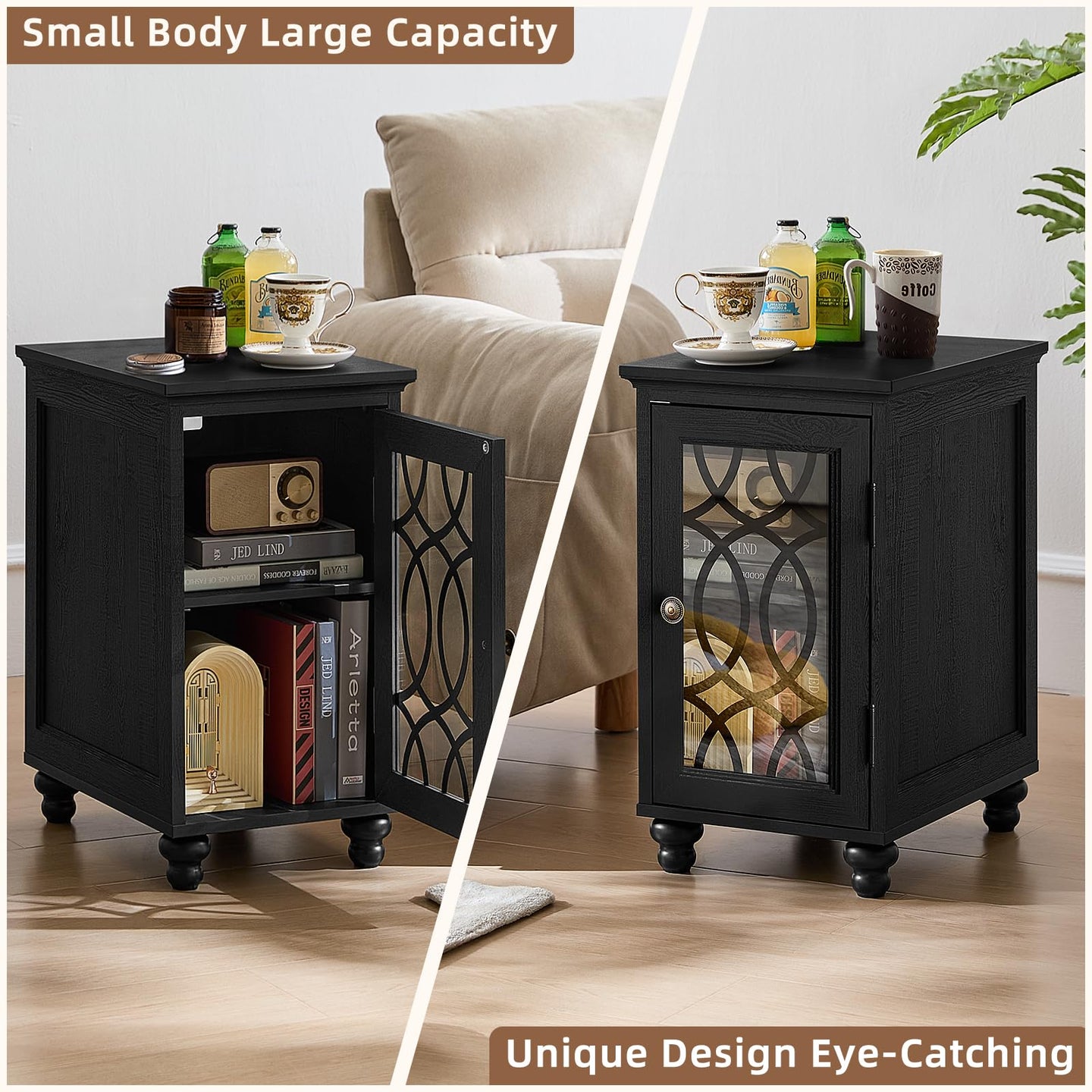 Black narrow nightstand with glass door and open cabinet shelf storage