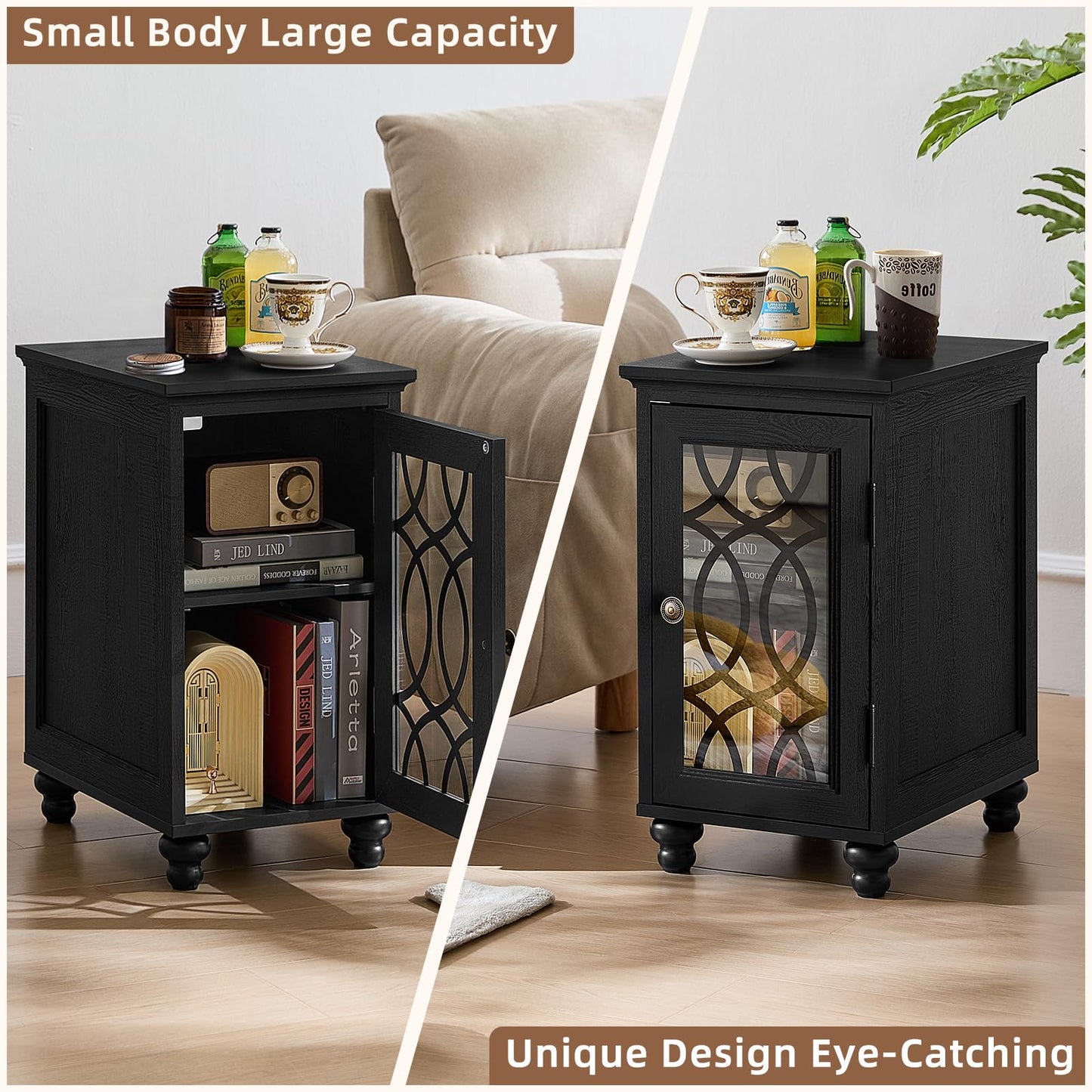 Black narrow nightstand with glass door and open cabinet shelf storage