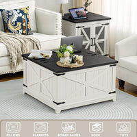 White farmhouse coffee table with flip-top lid and hidden storage, shown closed.