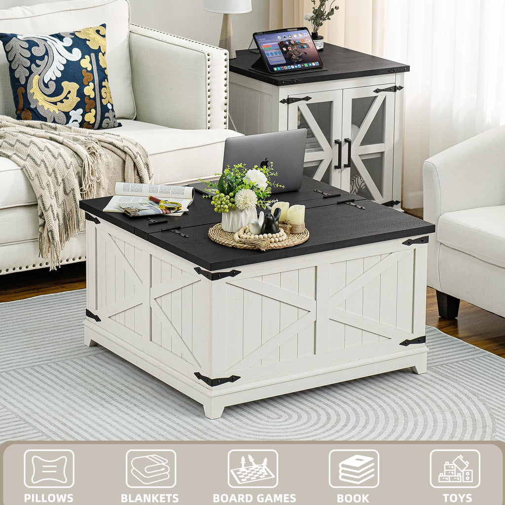 Square farmhouse coffee table with hinged lift top and hidden storage, white base, dark top