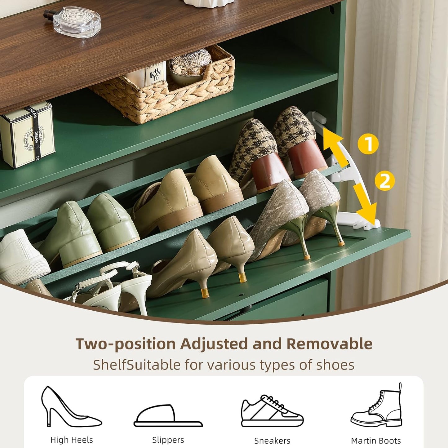 Shoe storage cabinet interior with two-level shelves, green back panel, heels and flats