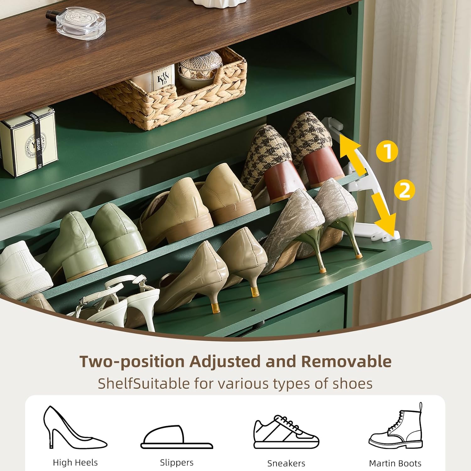Shoe storage cabinet interior with two-level shelves, green back panel, heels and flats