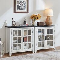 White sideboard cabinet with black tabletop and glass door compartments