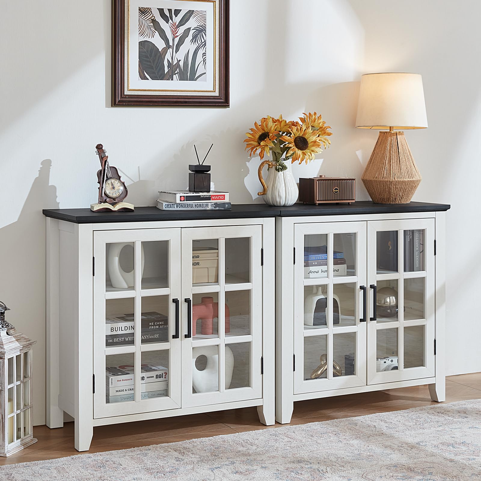 White sideboard buffet cabinet with four glass panels and dark tabletop surface