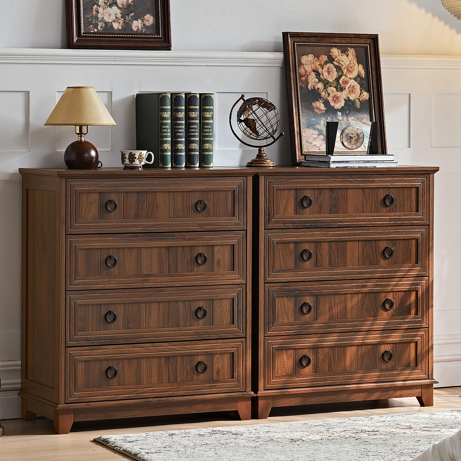 18" Farmhouse Night Stand with Charging Station, 2 Drawers End Table Dresser for Bedroom, Blue Wooden Nightstand, Bed Side Table with Open Shelf, Bedside Cabinet for Living Room, Closet