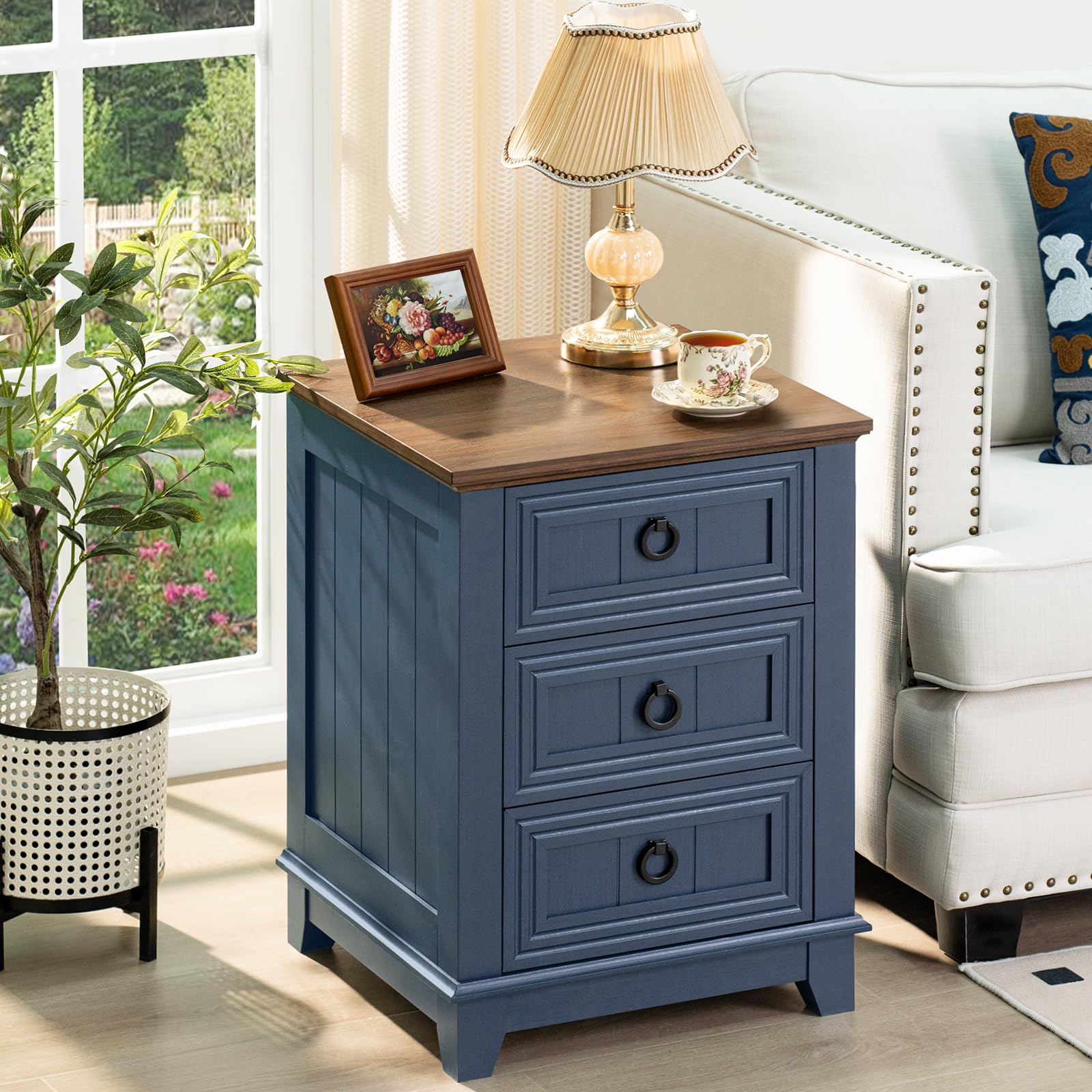 Blue nightstand with wood top, two drawers, and round metal pull handles