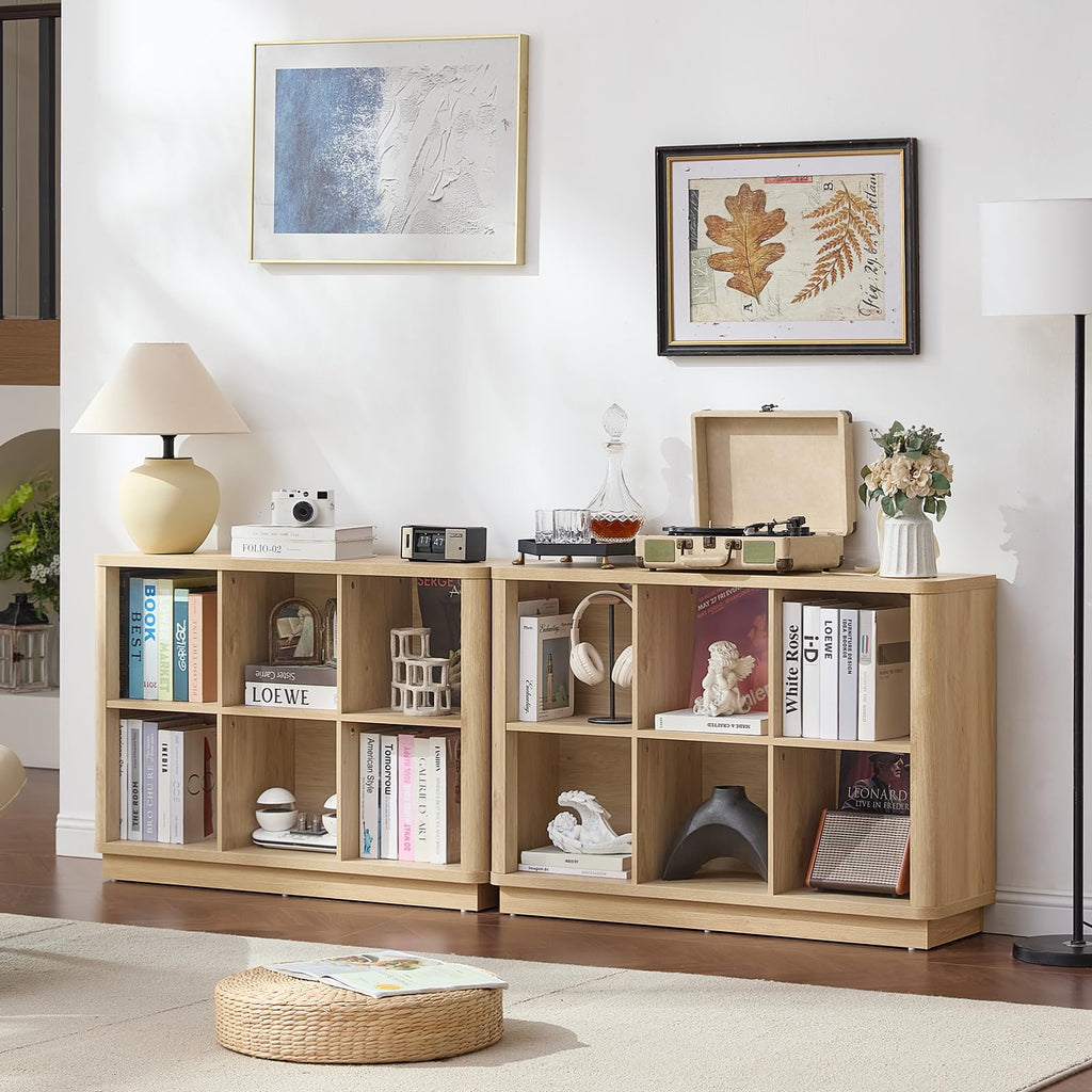 Light oak modern cubby book shelf with open storage squares and rounded corner base