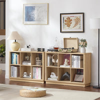 Light oak modern cubby book shelf with open storage squares and rounded corner base