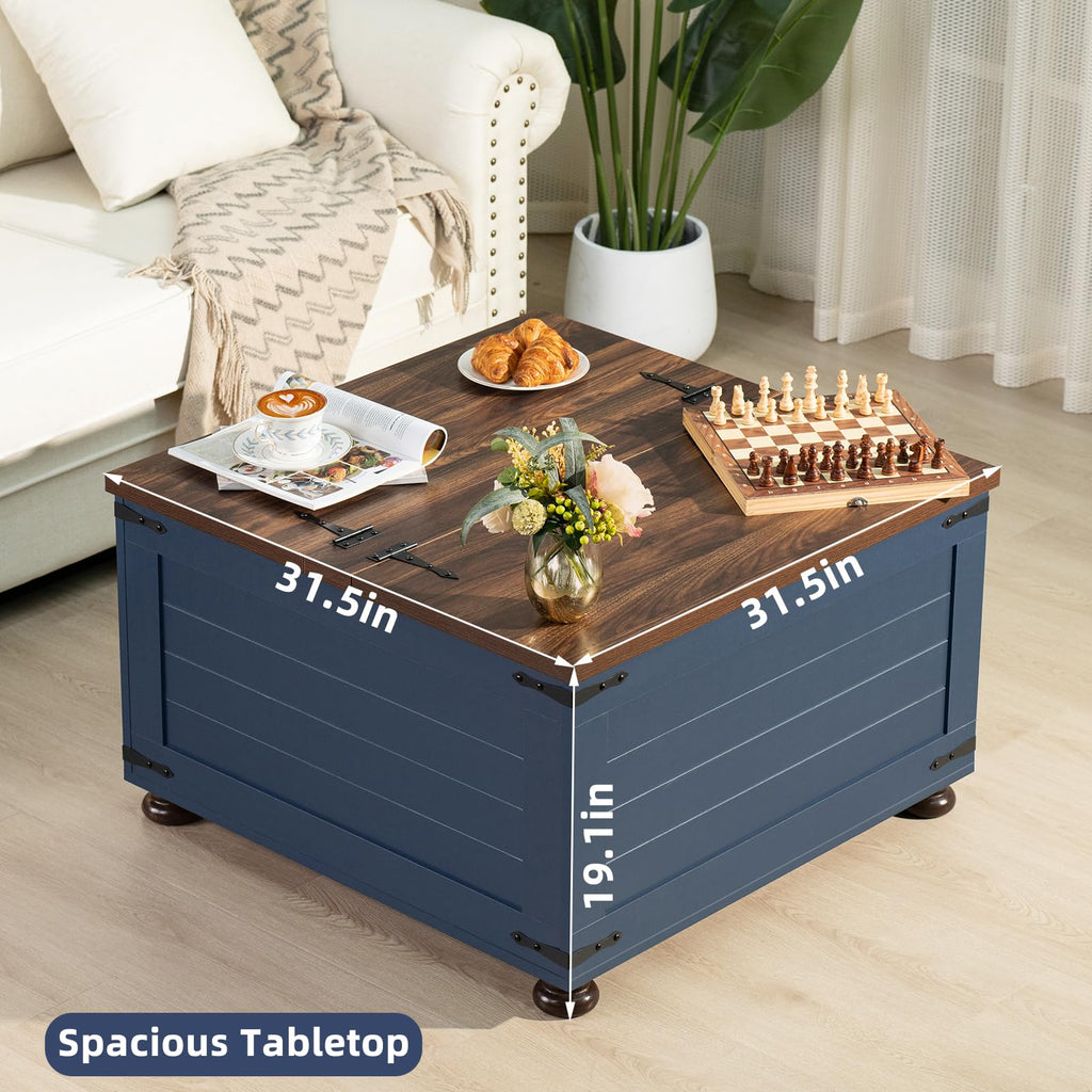 Square coffee table with hidden storage compartment, hinged lid, dark blue base and wood top
