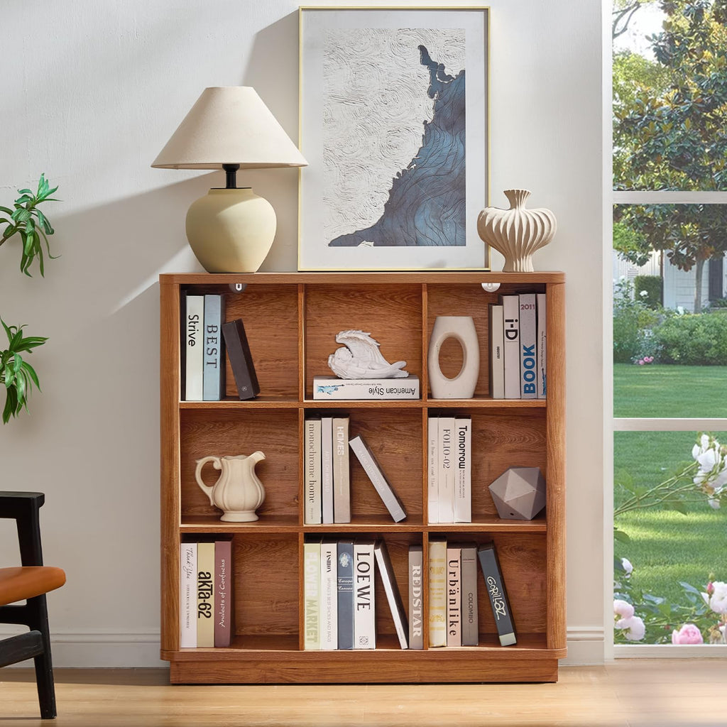 Natural oak cube storage bookcase with open shelves and square cubbies