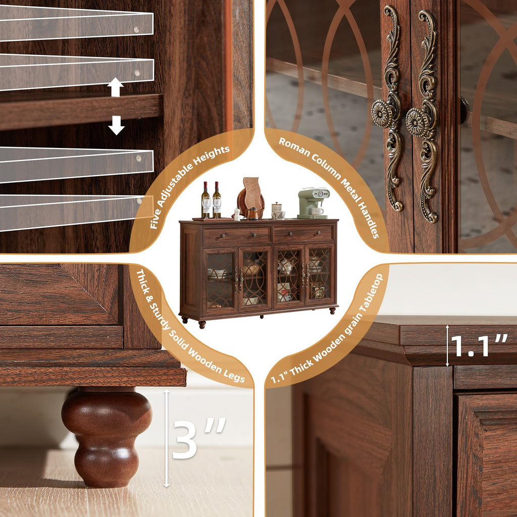 Wood sideboard cabinet detail with adjustable shelf and decorative Roman column handles