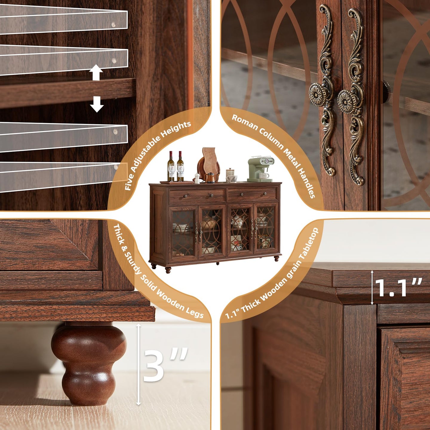 Brown wood sideboard cabinet with adjustable shelves, glass panels, and ornate handles