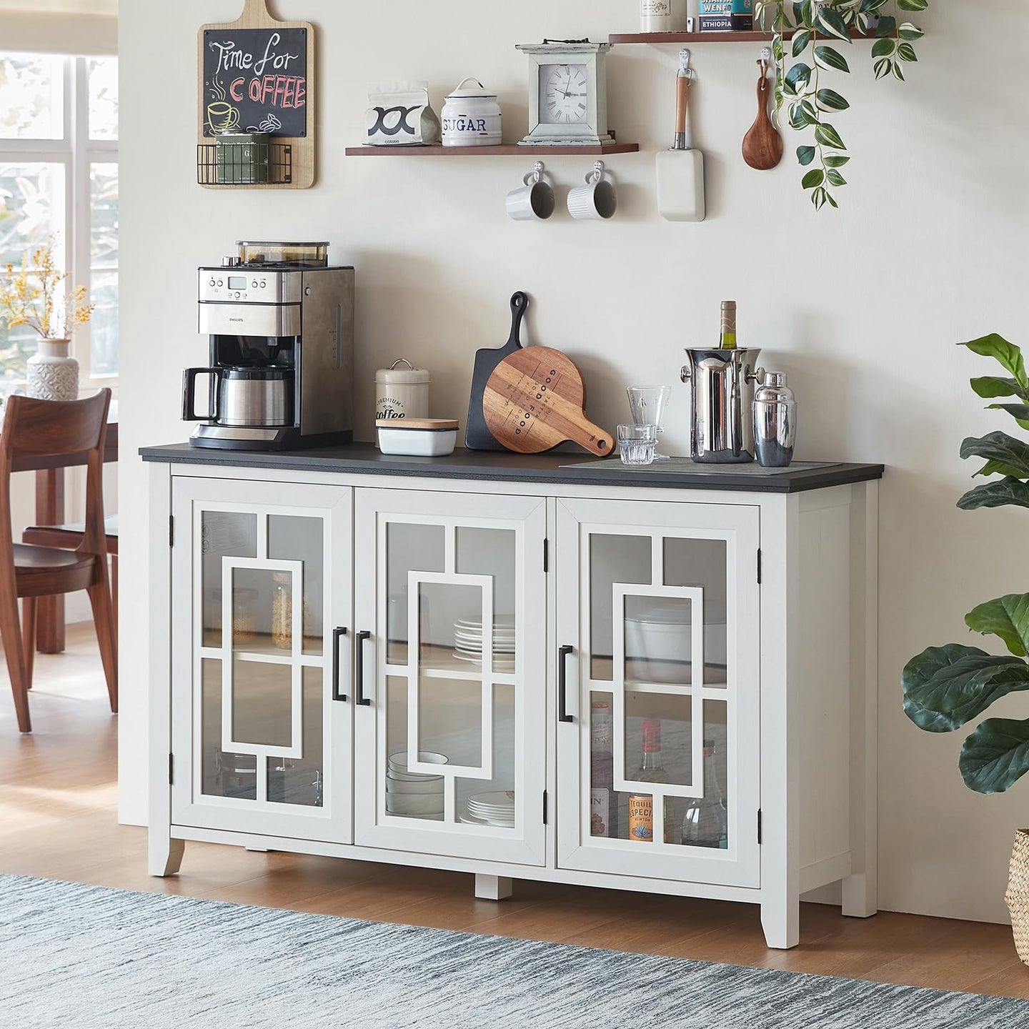 White sideboard cabinet with multiple glass doors and built-in storage shelves