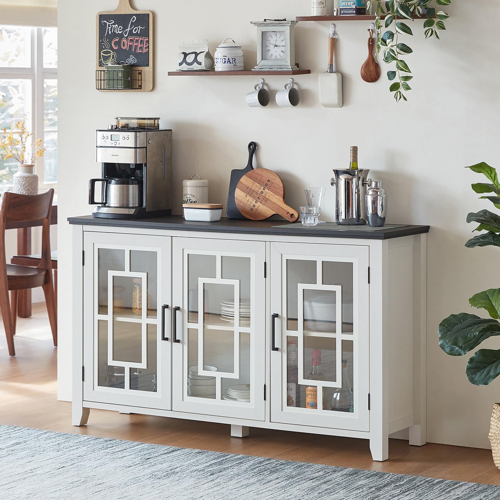 Farmhouse sideboard cabinet with four glass doors, white finish, and side storage