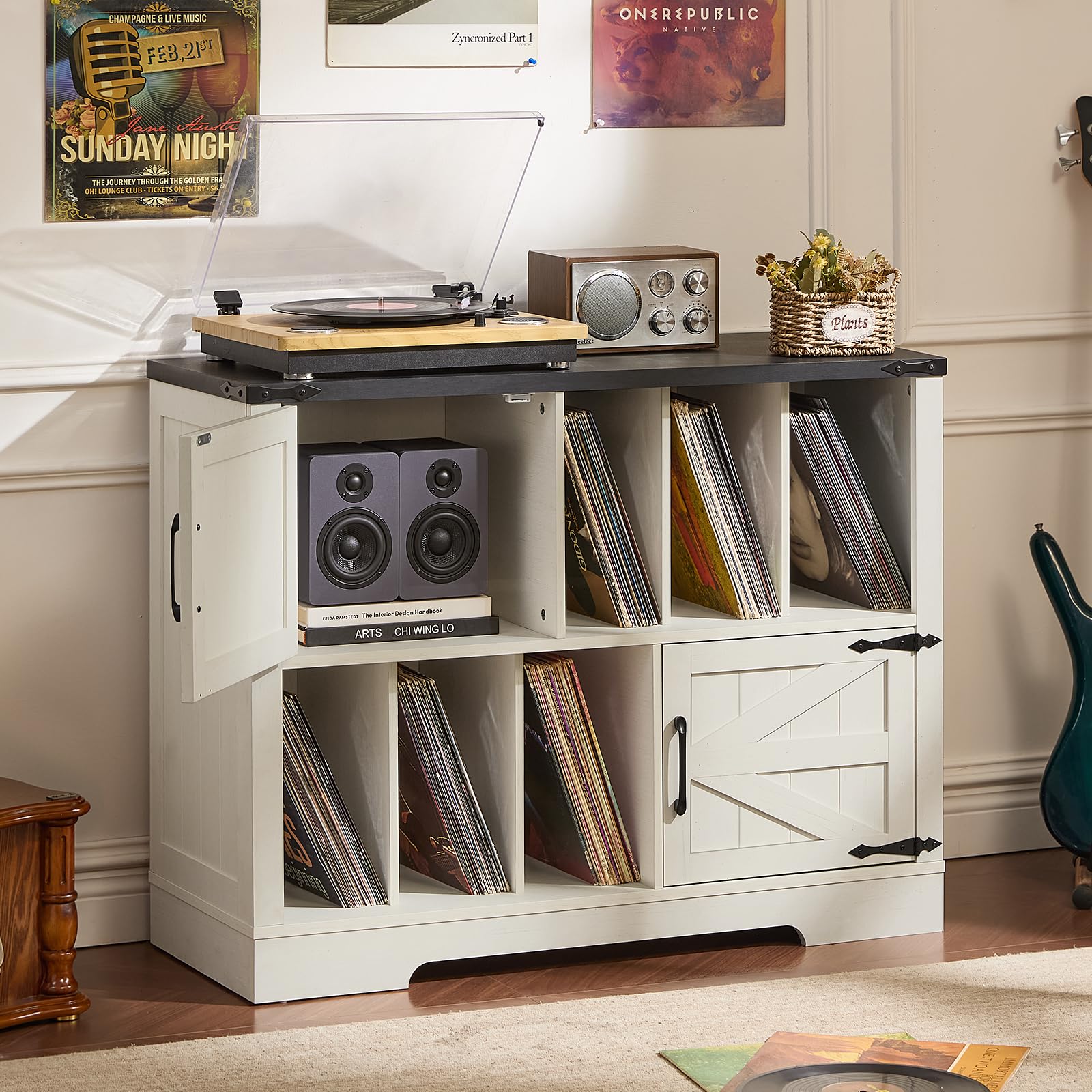White record player stand cabinet with open vinyl shelves and hinged barn doors