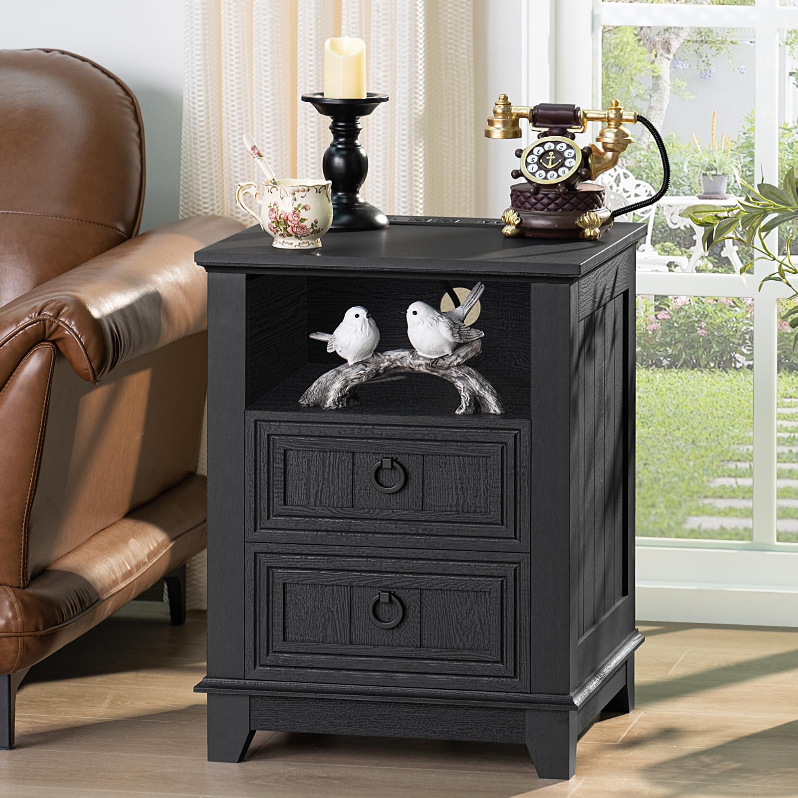Black farmhouse nightstand cabinet with 3 drawers, round metal knobs, wood tabletop.