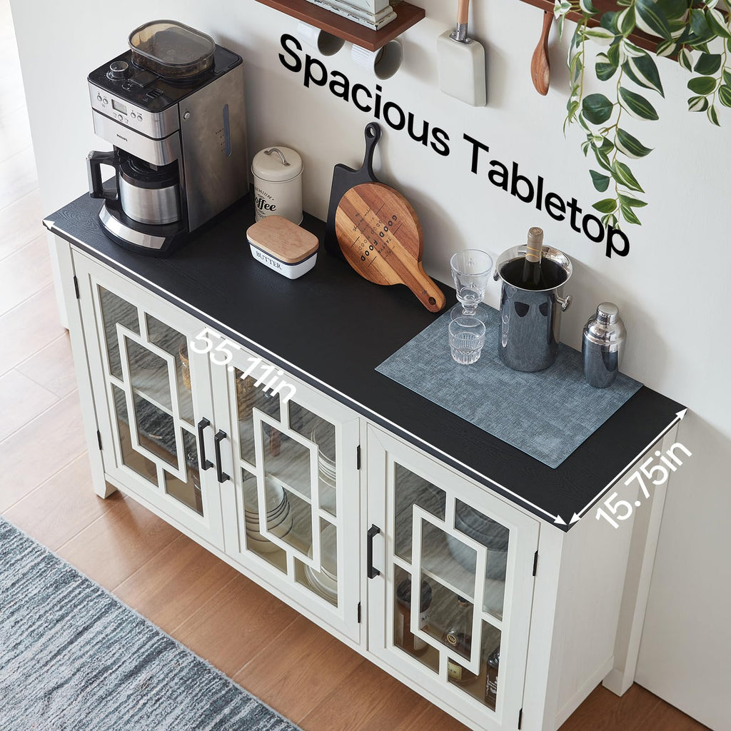 White farmhouse sideboard buffet cabinet with two glass doors and open interior shelving