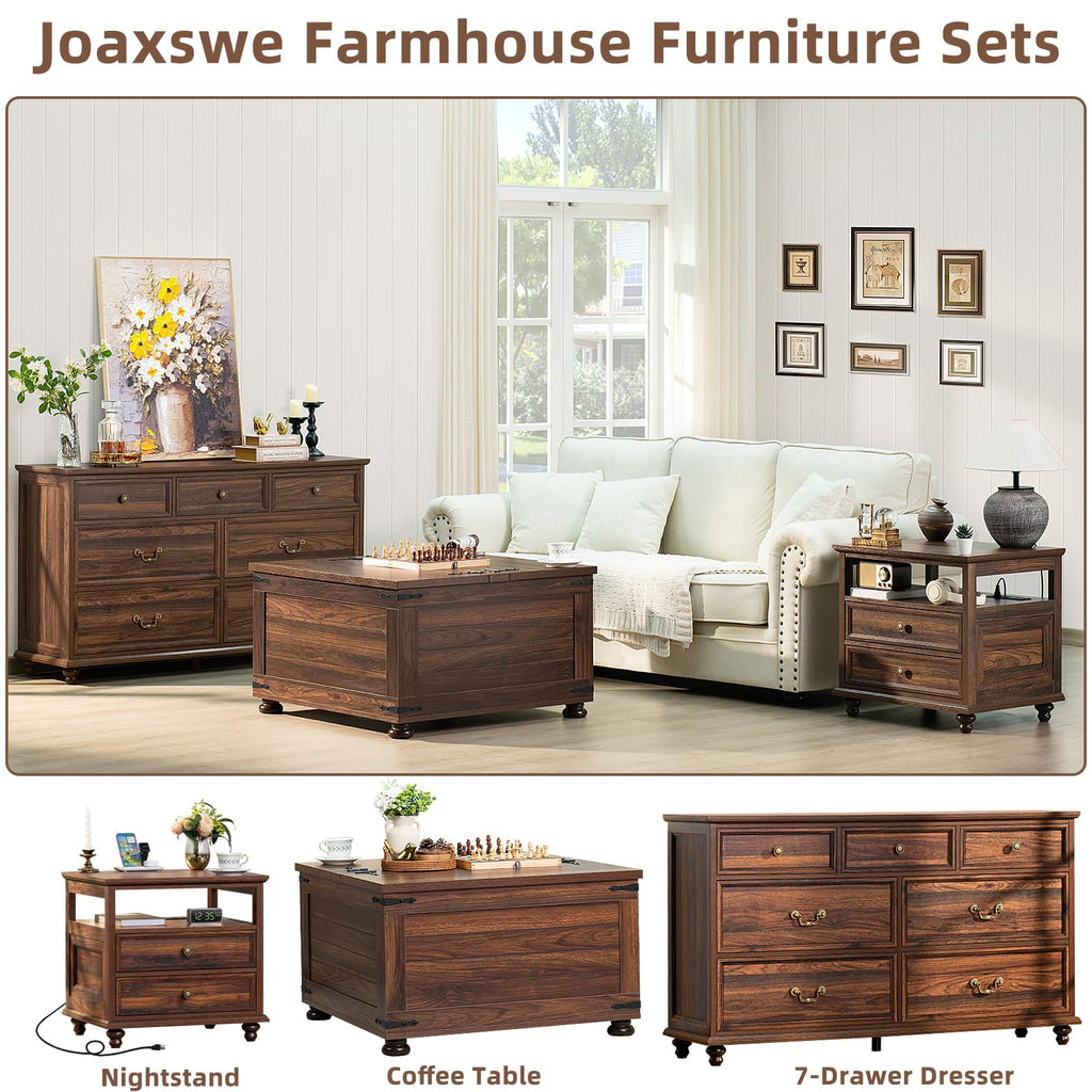 Square coffee table with lift top, rustic brown wood finish, farmhouse-style turned feet
