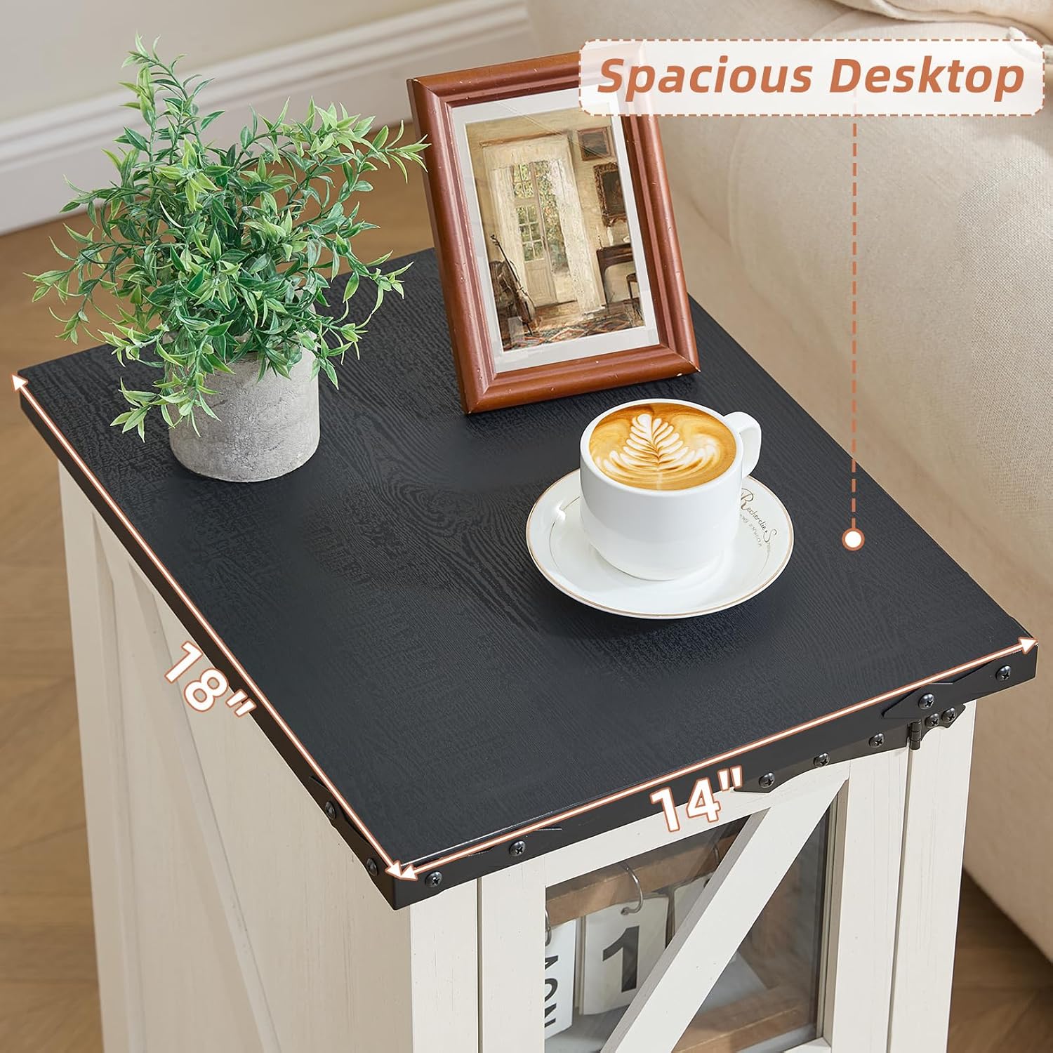 White farmhouse end table with black tabletop and glass barn door, coffee on top