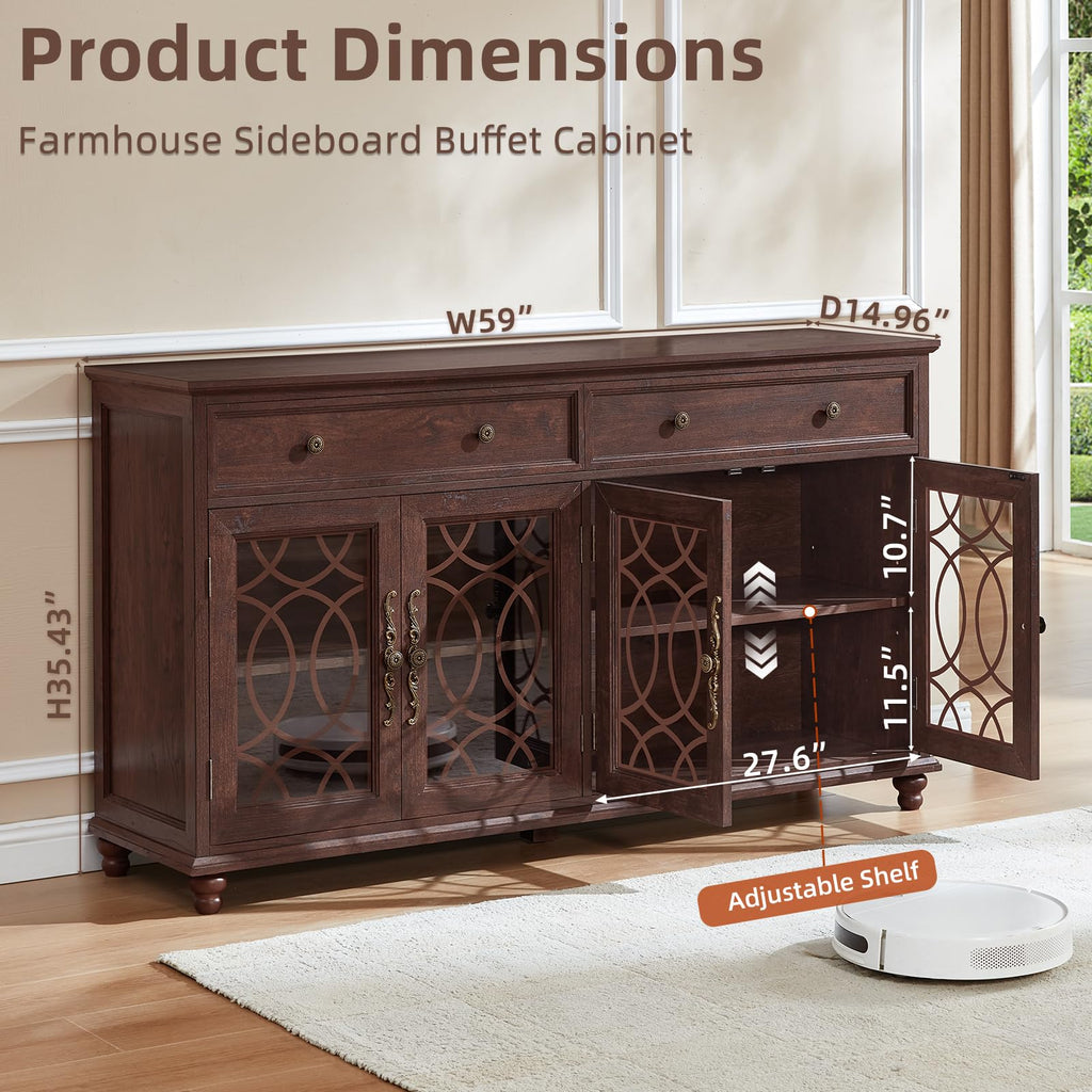 Farmhouse sideboard buffet cabinet in dark brown wood with double glass doors and drawers