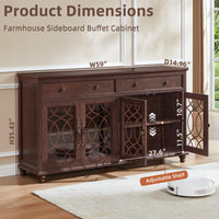 Dark brown farmhouse sideboard cabinet with three arched glass doors and an adjustable interior shelf