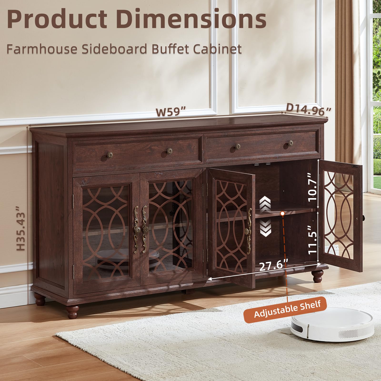 Farmhouse sideboard buffet cabinet in dark brown wood with double glass doors and drawers