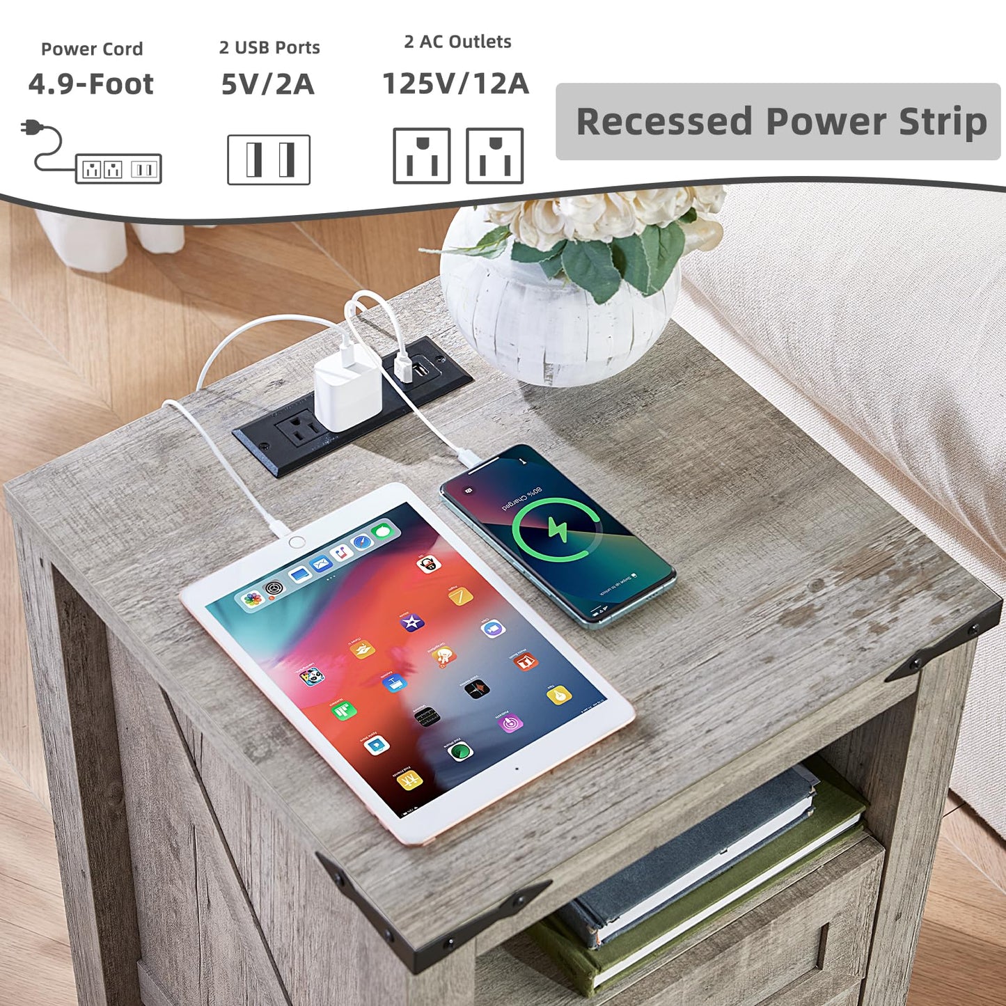 Grey nightstand top with recessed power strip, outlets, and device charging ports