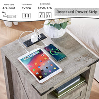 Farmhouse nightstand with charging station, two drawers, open shelf, and black power strip top.