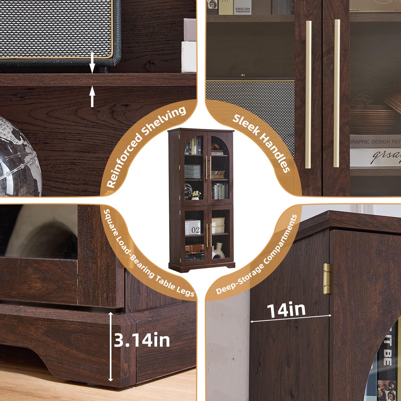 Dark wood tall display cabinet with arched glass doors and adjustable shelves, open back panel