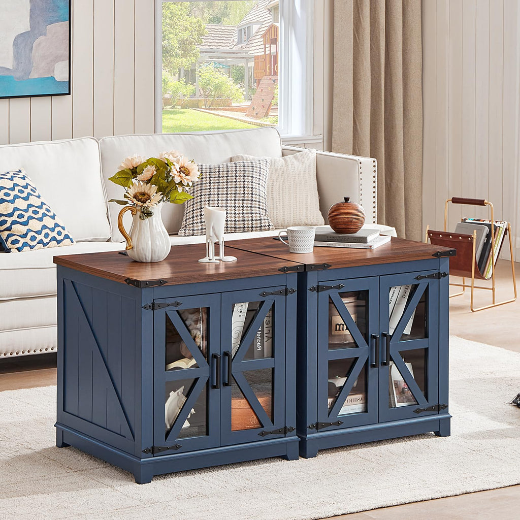 Farmhouse end table with glass barn doors and open shelves, blue cabinet.