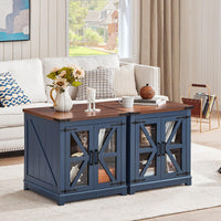 Farmhouse end table with glass barn doors and open shelves, blue cabinet.