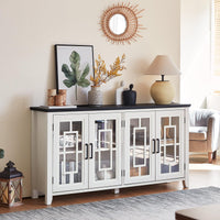 White farmhouse sideboard cabinet with four glass door panels and black handle pulls