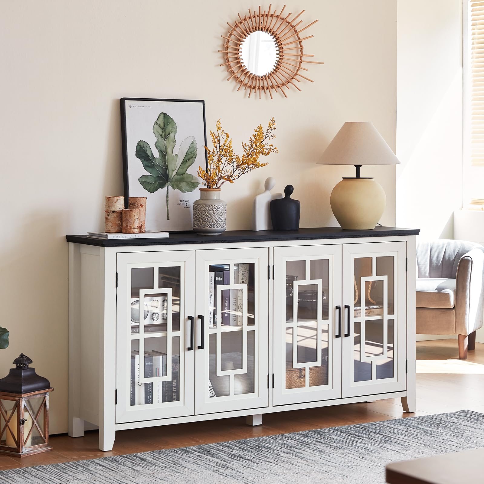 White farmhouse sideboard cabinet with black top and four glass-panel doors
