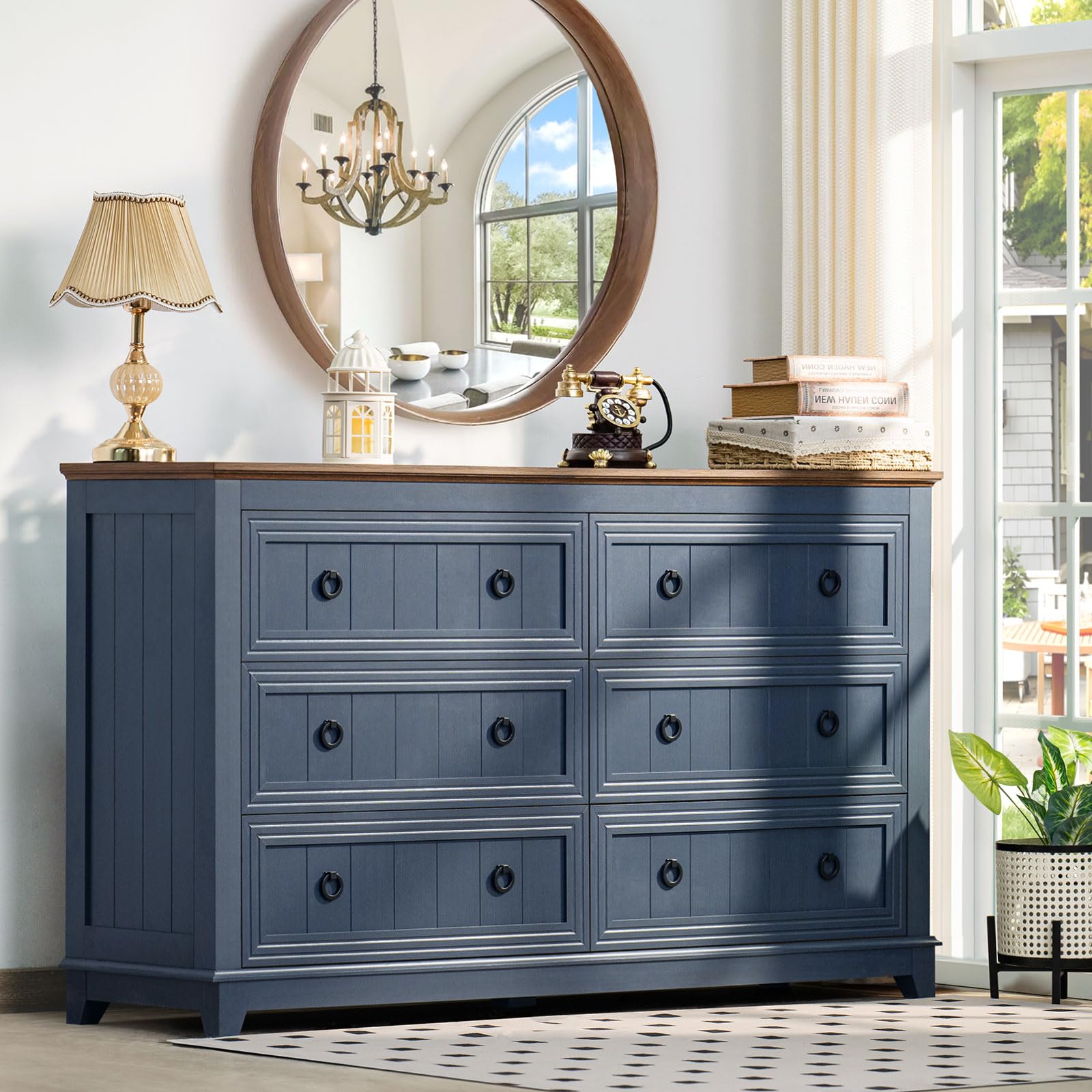 6 Drawers Dresser for Bedroom, Farmhouse 54 Inch Wide Wood Dresser Chest of Drawers, Vintage Design TV Stand, Rustic Storage Dressers Organizer for Bedroom, Living Room, Hallway - Navy Blue