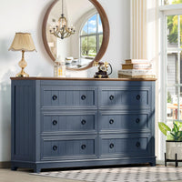 Blue wood dresser with 6 drawers and round knob pulls, farmhouse style