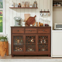 Farmhouse sideboard buffet cabinet in dark wood with 3 glass door compartments