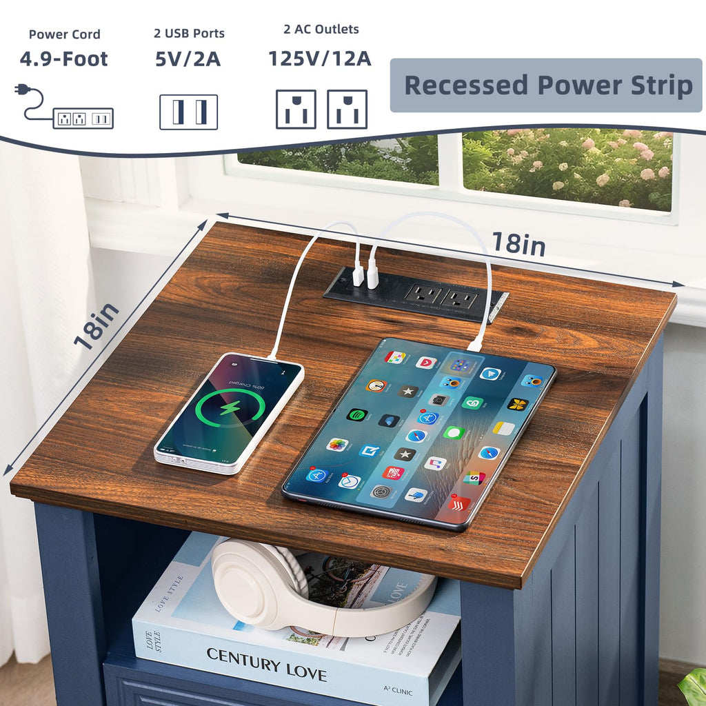 Blue 3-drawer nightstand with wood top and recessed power strip and outlets