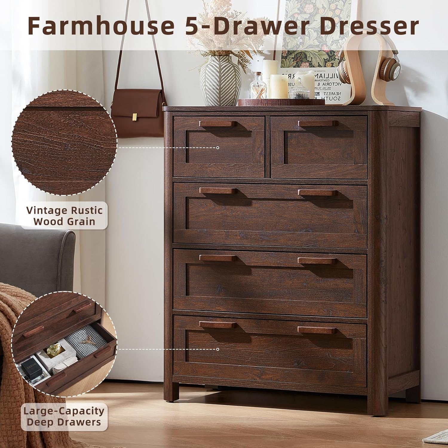 Farmhouse 5 Drawer Dresser for Bedroom, Chest of Drawers with 5 Deep Drawer & 4 Thickened Table Legs, Walnut