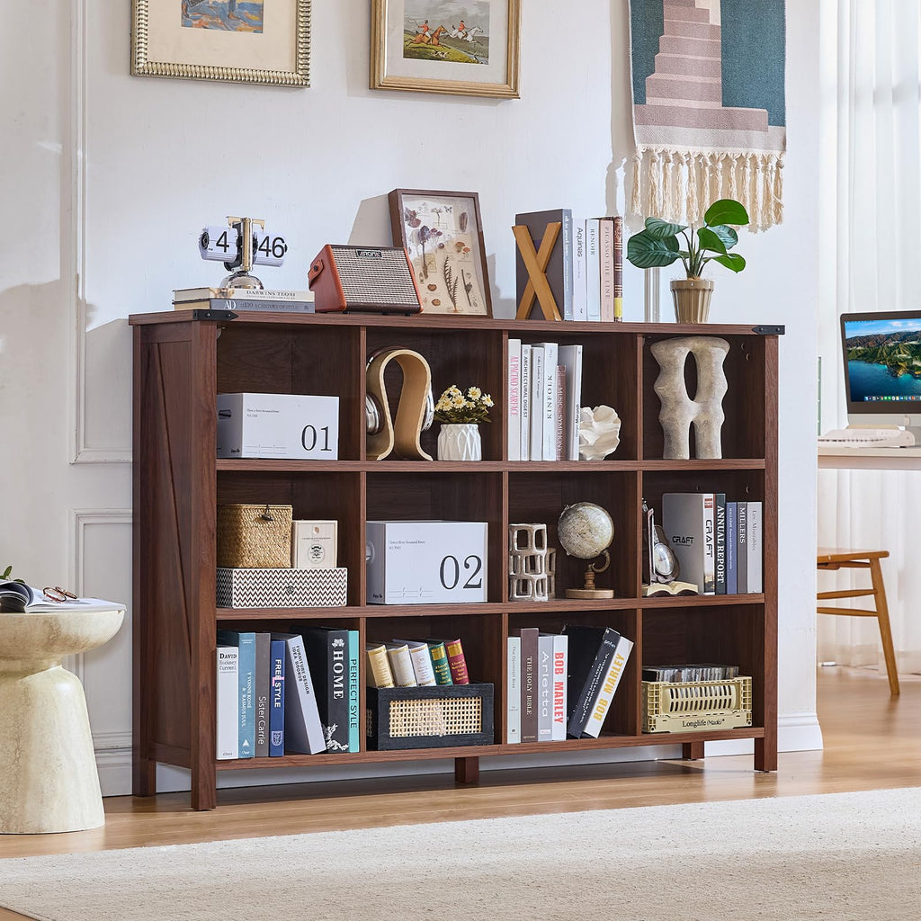 Low farmhouse bookcase with open shelves, brown walnut finish, and sturdy side legs