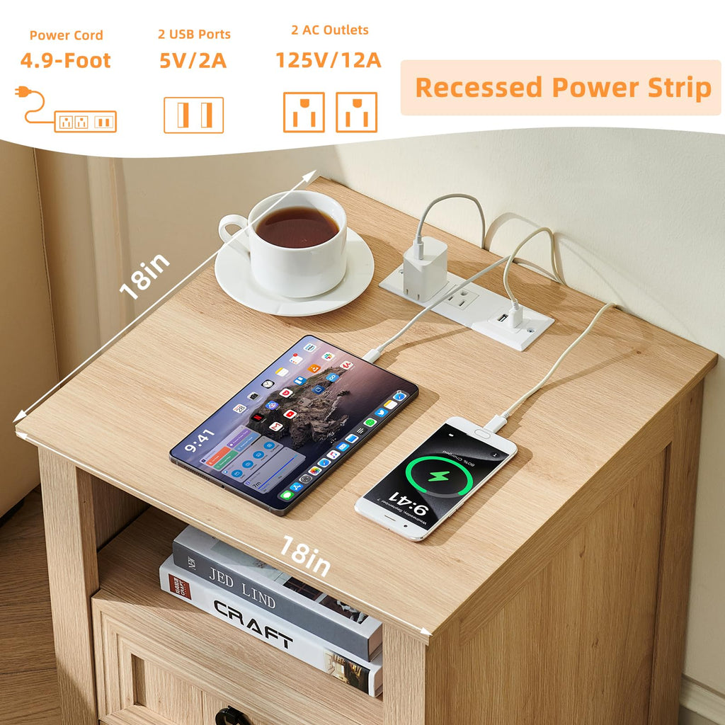 Light wood nightstand with drawers, built-in power outlets and USB ports, open shelf.